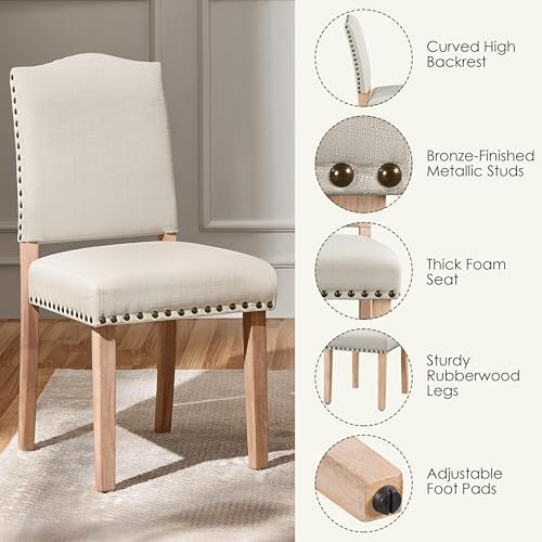 Yaheetech Dining Chairs Set of 6 Fabric Kitchen Chairs Nailhead Trim Beige