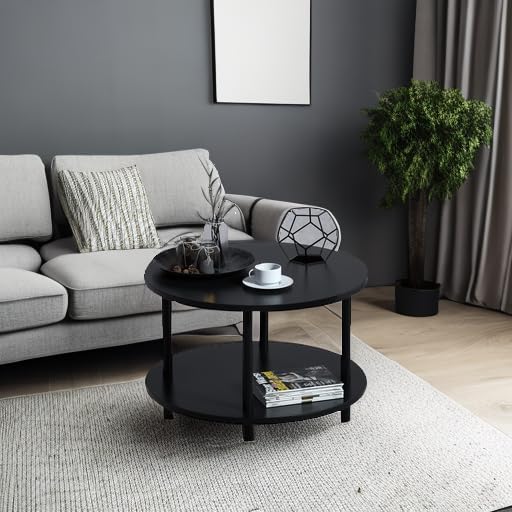 Small Round Coffee Table with Open Storage for Small Space, 23.5" Black ...