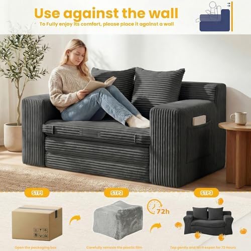 Couch, Loveseat Sleeper Sofa Bed – 3-in-1 Convertible Couch Bed with Side Poc...