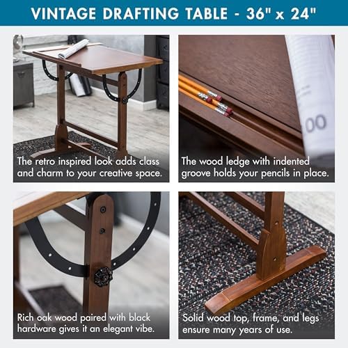 Studio Designs Vintage Rustic Oak Drafting Table, Top Adjustable Drafting Tab...