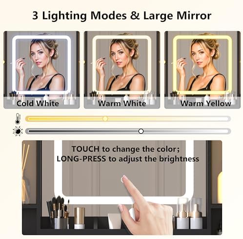 Wodeer Black Makeup Vanity Desk with Mirror & Lights, Modern Vanity Table...