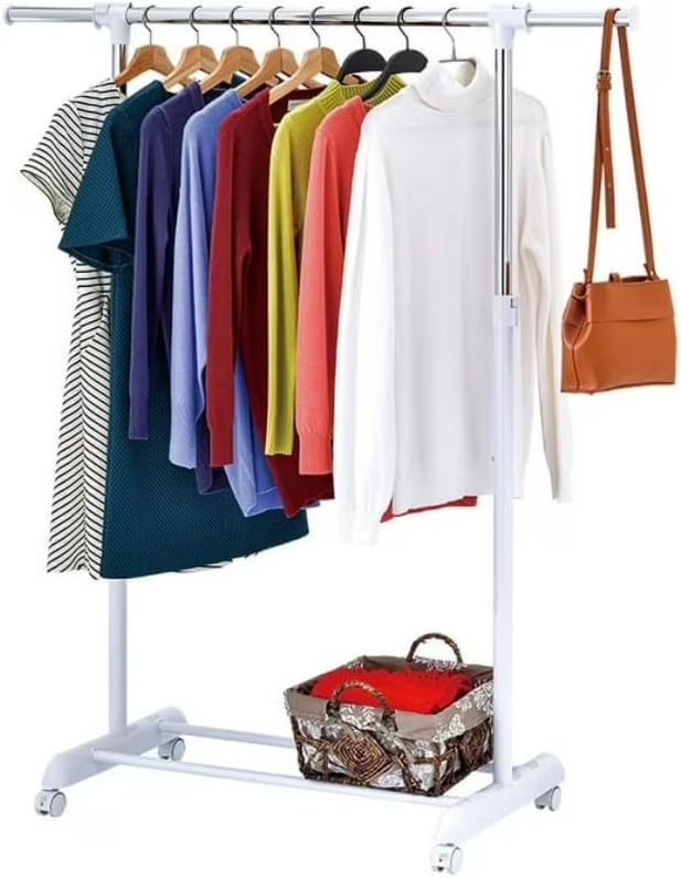Adjustable Metal Rolling Garment Rack, Chrome & White Heavy Duty Clothes Organizer on Wheels
