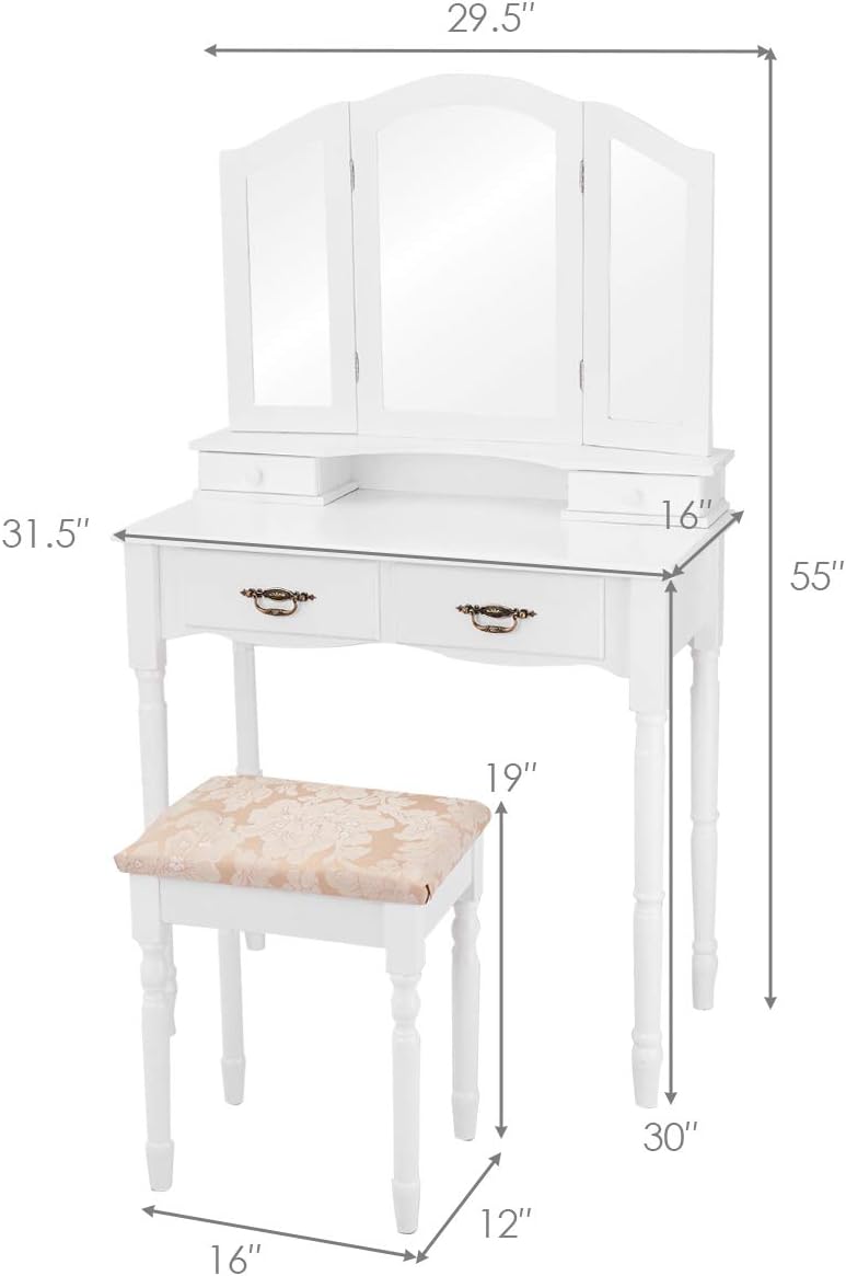 GIANTEX Vanity Set with Tri-Folding Mirror, Makeup Dressing Table with 4 Draw...
