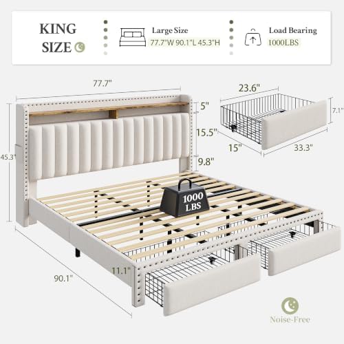 EnHomee King Size Bed Frame with 2 Drawer & 2-Tier Storage Headboard Shelf