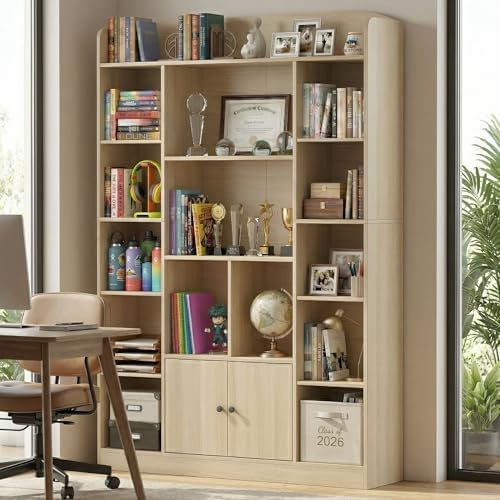 DIYART 63" Tall Oak Bookshelf with 14 Cubbies & 2 Cabinets, 5-Tier L...