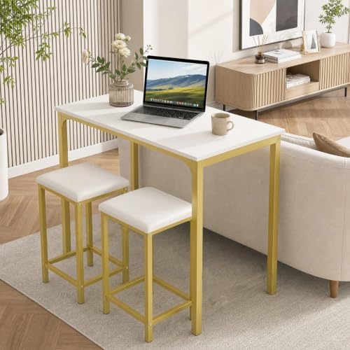 COSTWAY Dining Table Set, Counter Height Table & 2 Upholstered Stools