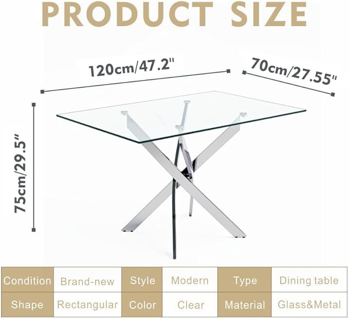 5 Piece Dining Table Table Set, Modern Tempered Glass Dining Table Set for 4 Kitchen Table Set with 4 Upholstered Chairs for Kitchen Dining Room (Sliver Table with White Hoop Leg Chairs)