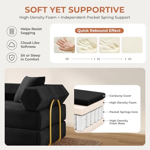 79" Convertible Futon Sofa Bed, Couch for Living Room | Black | 5-in-1 C...