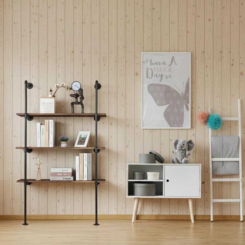 Industrial Pipe Shelving System with 4 Tiers, Black Iron Wall Mount, Floor to Ceiling Storage Rack, Rustic Farmhouse Style, DIY Bracket Supports (No Planks)