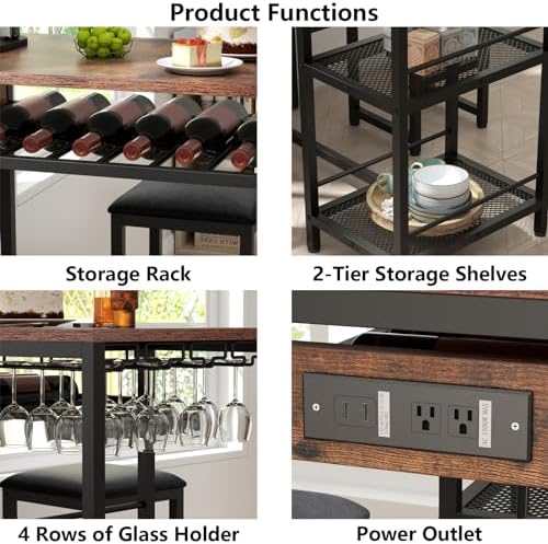 Bar Table and Chairs Set with Power Outlet, Pub Table and Chairs Set for 2