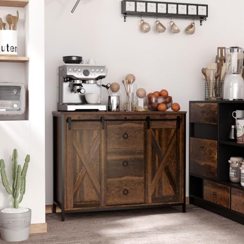 HOMCOM Industrial Farmhouse Buffet Cabinet, Kitchen Sideboard with Sliding Ba...