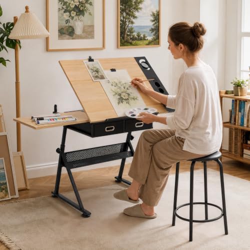 Athena Collection Wooden Drafting Table W/Stool, Tilting Art Desk, Natural