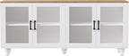 Ball & Cast Farmhouse TV Stand with Tempered Glass Doors for TVs up to 70",Sideboard Buffet w/5 Solid Wood Gourd-Shaped Legs & Adjustable Shelf,Entertainment Center for Living Room,White+Natural
