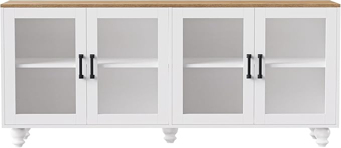 Ball & Cast Farmhouse TV Stand with Tempered Glass Doors for TVs up to 70",Sideboard Buffet w/5 Solid Wood Gourd-Shaped Legs & Adjustable Shelf,Entertainment Center for Living Room,White+Natural