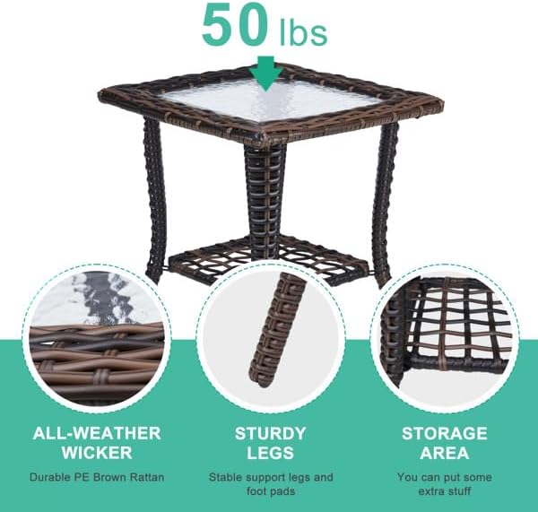 Outdoor Wicker Side Table, Rattan End with Glass Top, Patio Coffee Bistro for...