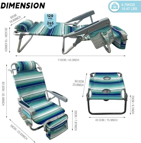 Backpack Beach Chair Aluminum 2 Pack with Folding Camping Table 5-Position La...