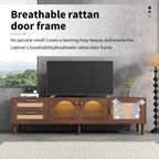 Rattan TV Stand for 75 Inch TV LED Light Modern Farmhouse Media Console with Solid Wood Legs Multi-Functional Storage & Cable Management Easy Assembly Entertainment Center for Living Room Home