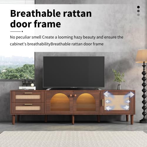 Bellemave Modern TV Stand with LED Lights & Glass Doors, Rattan Media Console with 3 Cabinets & 2 Drawers for up to 80", Solid Wood Entertainment Center for Living Room, Home Theatre (Dark Brown)