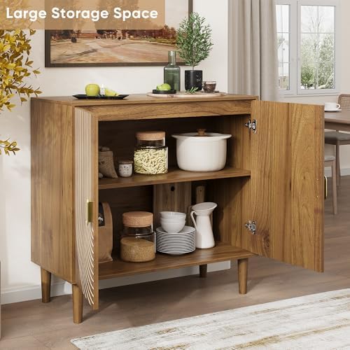 Smuxee Walnut Sideboard Cabinet, Freestanding Buffet Cabinet with Line Groove...