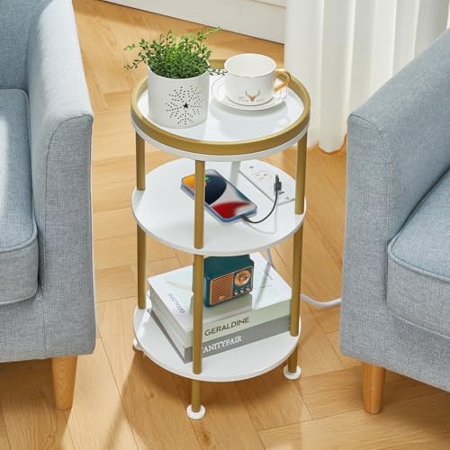 Small Round End Table with Charging Station, 3-Tier Accent Couch Beside Table...