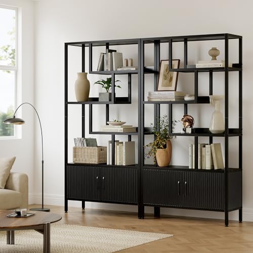 5-Tier Fluted Etagere Bookshelf Storage Cabinet Tall Bookcase Black