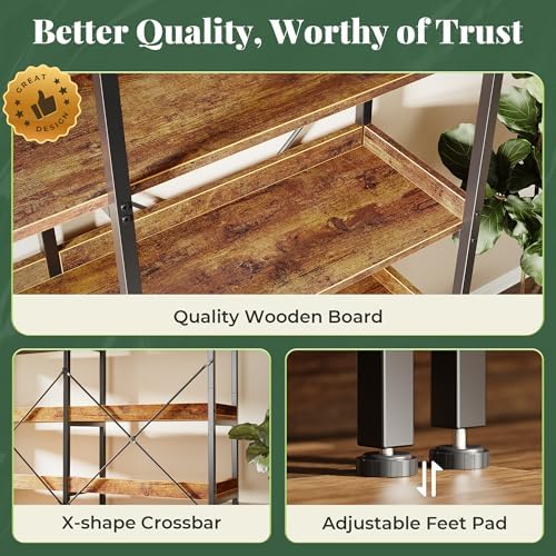 Huuger 5 Tier Bookshelf with 10 Open Shelves and Raised Baffle, Rustic Brown