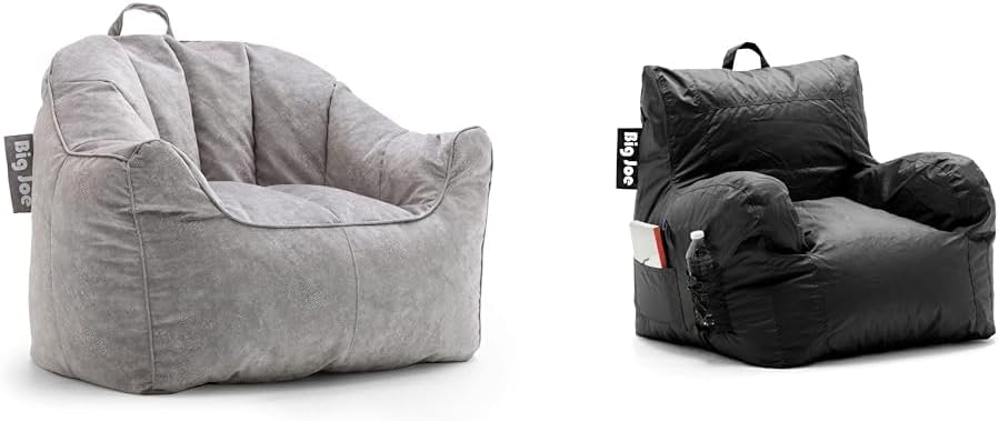 Big Joe Bean Bag Chairs Bundle - Hug Chair Gray 34.5" W and Dorm Chair Black 33" L for Comfortable Lounging