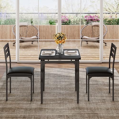GarveeHome 3 Piece Dining Table Set, Kitchen Table Set for 2, Black