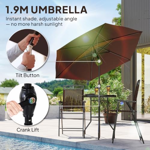 Outsunny 4 Piece Outdoor Bar Set with Umbrella, Patio Dining Set Brown