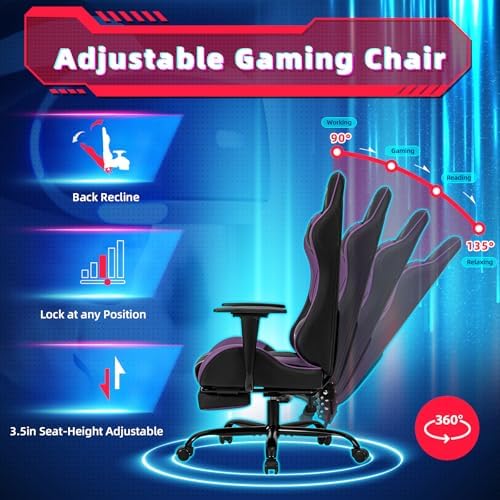 ECOTOUGE Violet Ergonomic PC Massage Gaming Chair with Footrest | Reclining R...