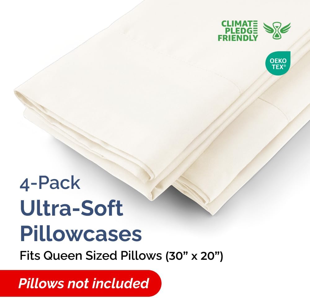 Queen Pillow Cases - 4 Pack - Super Soft Pillowcase Covers - Envelope Enclosure - Hotel Quality Pillow Protectors - Wrinkle Free, Shrink & Stain Resistant - Machine Washable - 20" x 30" (Off White)