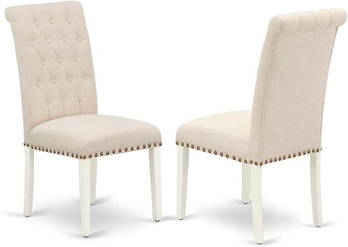 East West Furniture DLBR3-WHI-02 3 Piece Modern Dining Table Set Contains a Round Wooden Table with Dropleaf and 2 Light Beige Linen Fabric Parson Dining Chairs, 42x42 Inch, Linen White