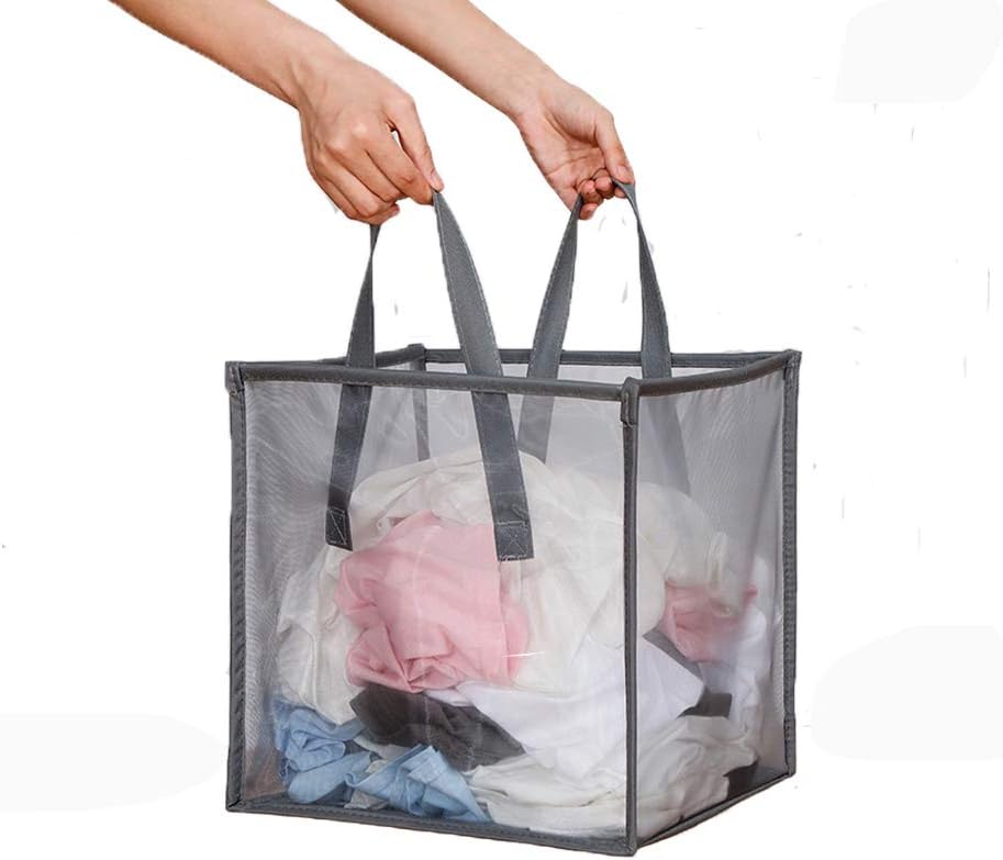 HONOMA Mesh Popup Laundry bags Hamper with Handles,Portable Durable Collapsible Storage Easy Folding Pop-Up Clothes Hampers Basket Foldable for Kids Room College Dorm or Travel (Grey,Single-Layer)