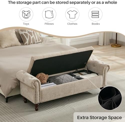 SOFTHION 58.1" Storage Bench for Bedroom, Chenille Cushion, Light Brown ...