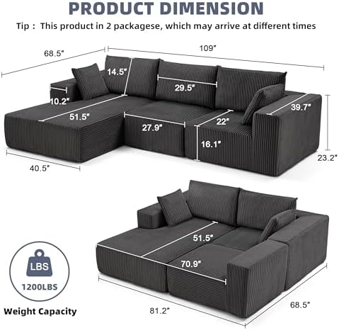 108" Couch with Chaise, Cloud Sectional Modular Sofa, Darkgrey | Deep Se...