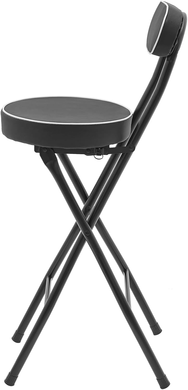 2 Pcs Folding Stools, Folding Bar Stool with Back, 25.6 in Cushioned Padded Foldable Chairs, Tall Bar Collapsible Stools, Round Counter Height Stool Chair for Camping Kitchen Shop Cafe (Black)