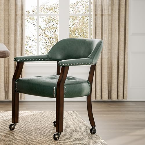 Set of 6 Dining Leather ArmChairs with Casters,Green PU, 360° Move | Accent K...
