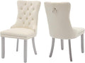 Velvet Dining Chairs Set of 2, High-end Tufted Upholstered Dining Chair with Back Ring Pull, Nailhead Trim and Silver Solid Wood Legs, Modern Dining Room Chairs for Dining Room, Cream
