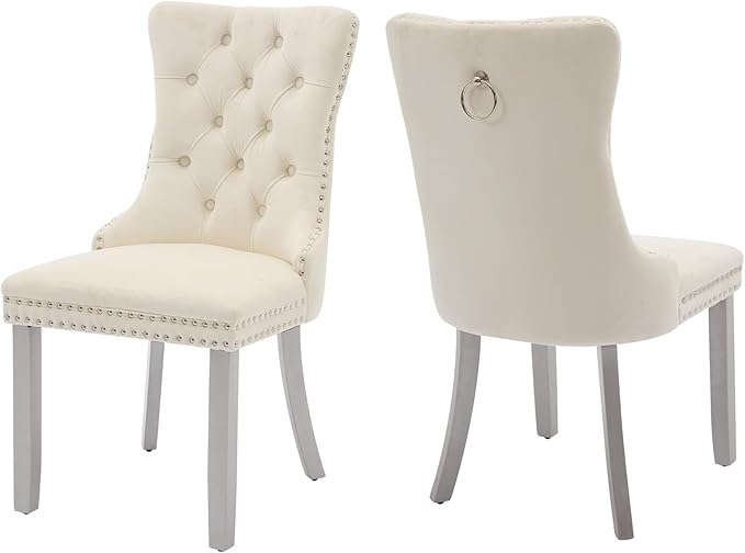 Velvet Dining Chairs Set of 2, High-end Tufted Upholstered Dining Chair with Back Ring Pull, Nailhead Trim and Silver Solid Wood Legs, Modern Dining Room Chairs for Dining Room, Cream