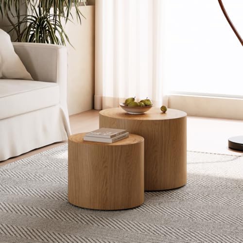 Nesting Coffee Table Set of 2, Modern Round Coffee Table, Wooden Circle Accen...