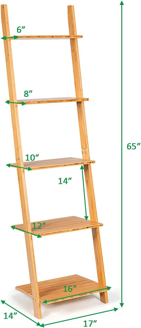 Tangkula Bamboo 5-Tier Ladder Shelf Bookshelf, Wall-Leaning Bookshelf, Plant Flower Stand, Storage Display Shelves for Living Room Bathroom Office, Multifunctional Ladder Bookcase (Natural)