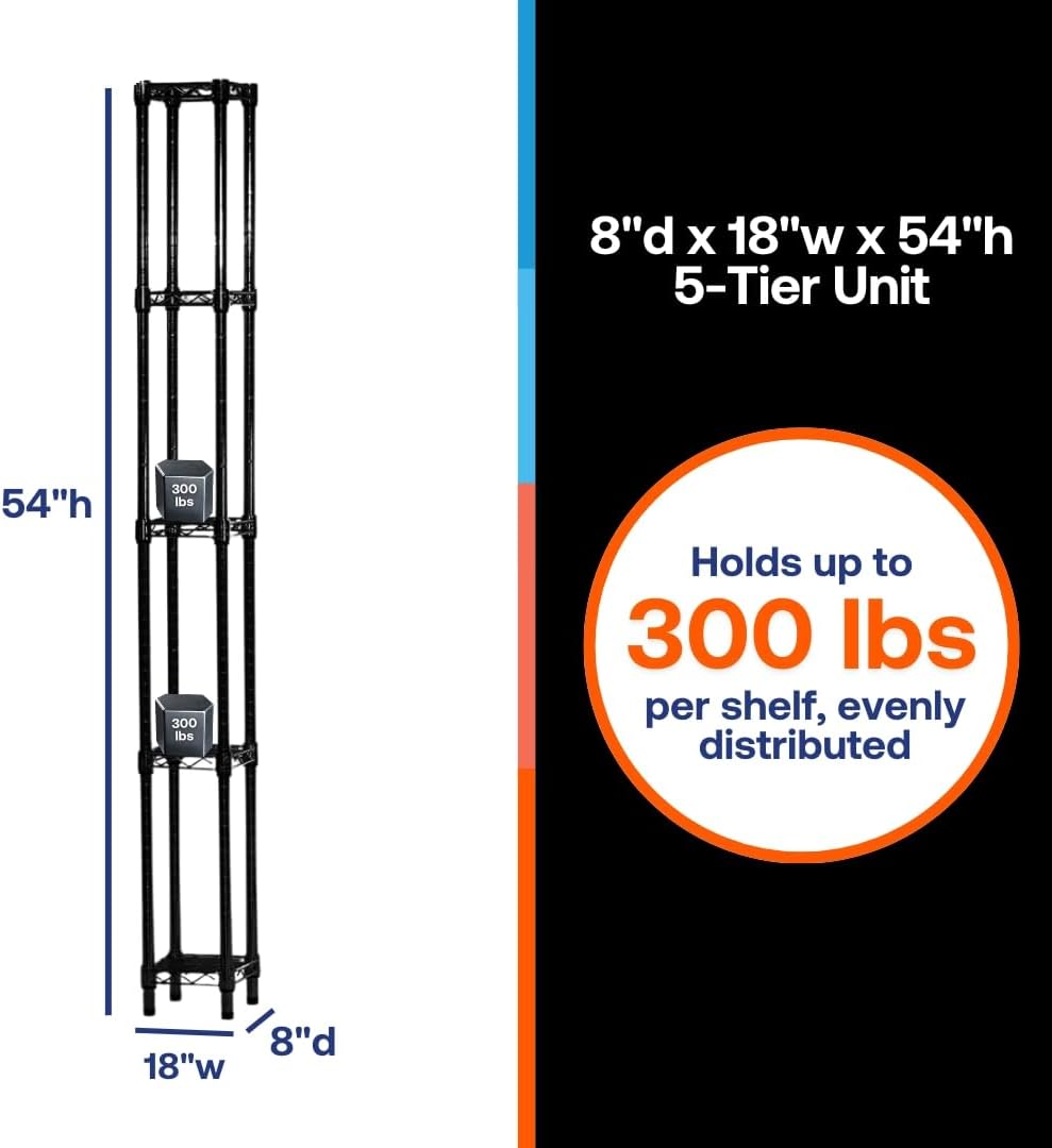 Shelving Inc. 8" d x 18" w x 54" h Black Wire Shelving with 5 Tier Shelves, Weight Capacity 300lbs Per Shelf