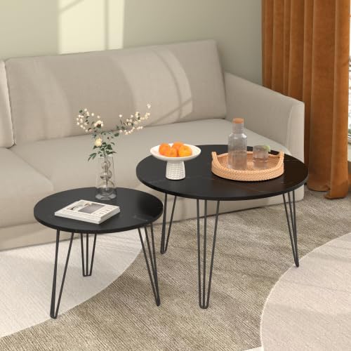 2 Piece Nesting Round Side Tables, Faux Marble Surface Nesting Coffee Table |...