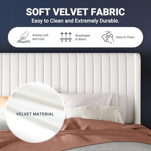 Allewie Full Size Velvet Bed Frame/Vertical Channel Tufted Wingback Headboard...