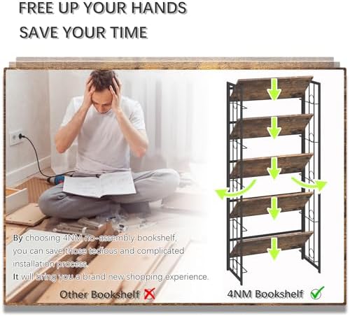 4NM No Assembly 5 Tiers Folding Bookshelf, 59.4" H Foldable Storage Shel...