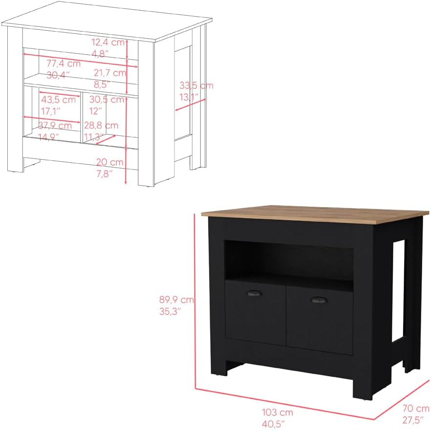 Kitchen Island Geneva, Black/Macadamia with Spacious Top Surface | 40.5"...