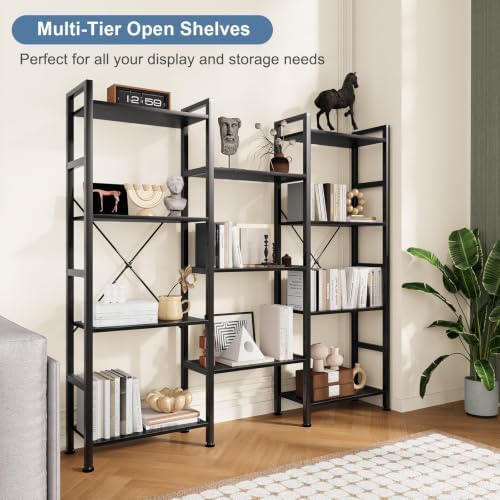 DUMOS Triple Column 4 Tier Bookshelf, Wide Industrial Bookcase, Black