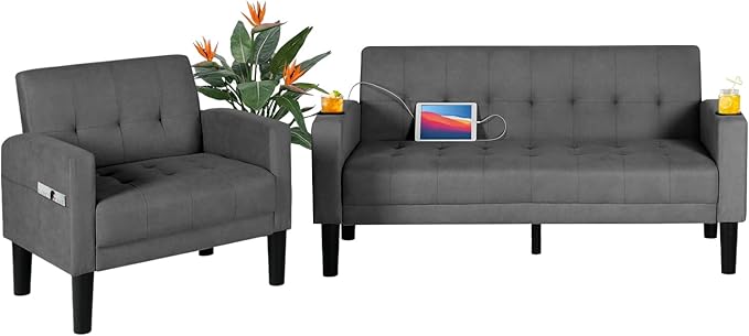 AILEEKISS 2 Piece Living Room Sofa Set 56" W Loveseat Sofas with 2 USB and Removable Armrests, Modern Fabric, 2 Pcs Sectional Couches Set for Apartment, Small Space, Dark Grey