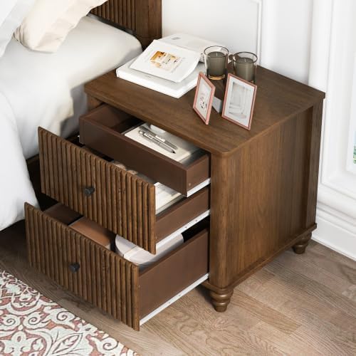 Fluted Nightstand, 21.65 Inch Wide Mid Century Modern Bedroom Side Table with...