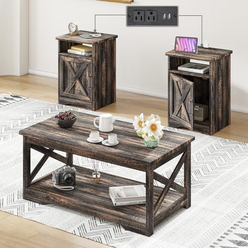 AMERLIFE 3 Piece Farmhouse Living Room Coffee Table Set, Dark Oak | Coffee Ta...